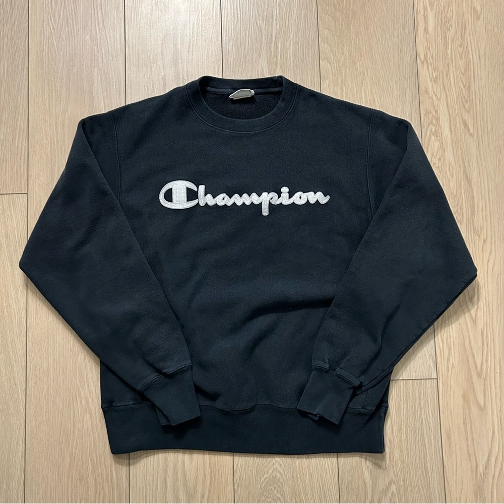 Champion Reverse Weave Script Logo Crewneck Black White Red Men's M Cotton Poly